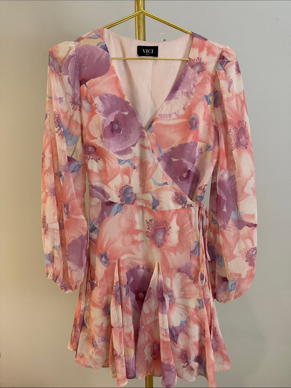 VICI Pink Lavender Floral Wrap Dress with Tie Waist